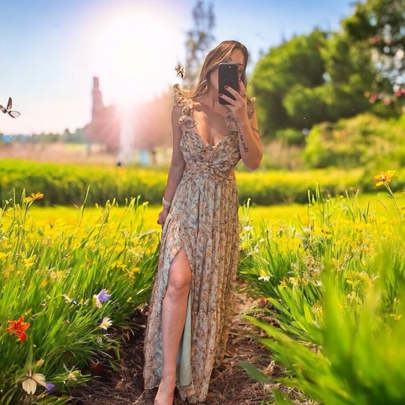 NWT ASTR The Label Fritillaria Maxi Dress Mint Purple Floral Sz S Ruffle Cutout - Picture 5 of 17